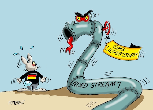 Cartoon: Kaninchen Alemania (medium) by RABE tagged gas,gassparen,gasnotstand,gasgeben,sanktionen,gasspeicher,gasheizung,rabe,ralf,böhme,cartoon,karikatur,pressezeichnung,farbcartoon,tagescartoon,robert,habeck,putin,ukrainekrieg,kaninchen,hase,schlange,deutschland,pipeline,gaspipeline,nordstream,gazprom,turbine,aggregat,wartungsarbeiten,gasstopp,lieferstopp,gas,gassparen,gasnotstand,gasgeben,sanktionen,gasspeicher,gasheizung,rabe,ralf,böhme,cartoon,karikatur,pressezeichnung,farbcartoon,tagescartoon,robert,habeck,putin,ukrainekrieg,kaninchen,hase,schlange,deutschland,pipeline,gaspipeline,nordstream,gazprom,turbine,aggregat,wartungsarbeiten,gasstopp,lieferstopp